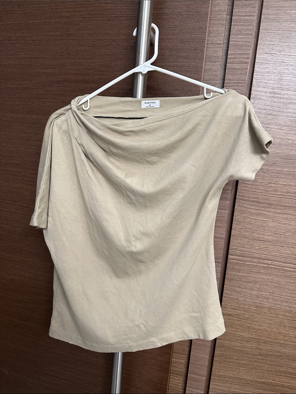 Babaton Asymmetric Draped Short Sleeve Top in Light Beige